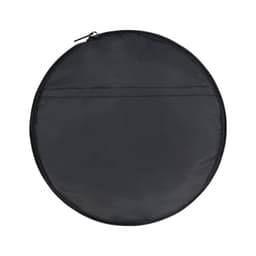 A round, black duffle bag with a zip closure and a flat exterior pocket. It features a logo.