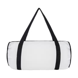 A white duffle bag with black straps and a zip closure, featuring a logo on the side.