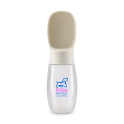 A drink bottle with a transparent body and a cream-coloured scoop top, featuring a logo on the front.