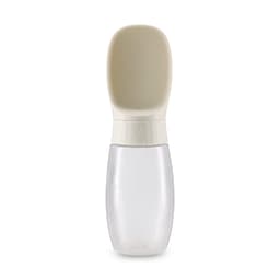 A drink bottle in grey and cream with a scoop lid and a transparent body, featuring a logo.