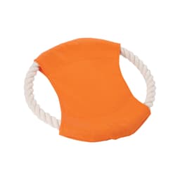 An orange dog toy with a soft fabric centre and a sturdy rope handle.