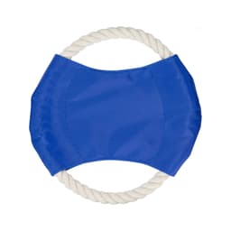 A blue dog toy featuring a fabric centre with a rope ring on the outside. It has a logo on it.