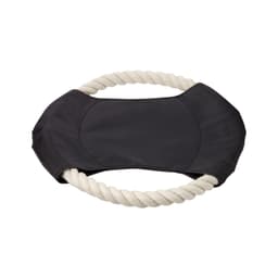 A black and cream dog toy featuring a circular rope and padded centre. It has a logo on one side.