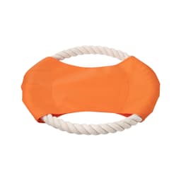 An orange fabric dog toy with a rope handle, featuring a smooth, padded centre.