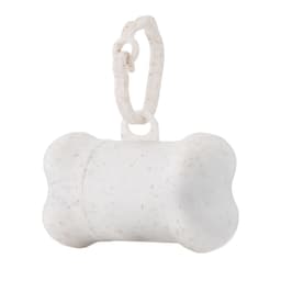 A white bone-shaped dog waste bag dispenser with a clip attachment. It has a speckled texture.