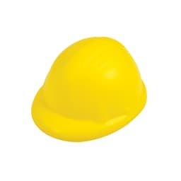 A yellow hard hat stress reliever with a smooth surface and rounded shape. It features a branding logo.