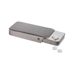 A sleek silver slider tin containing sugar-free breath mints, with a couple of mints beside it.