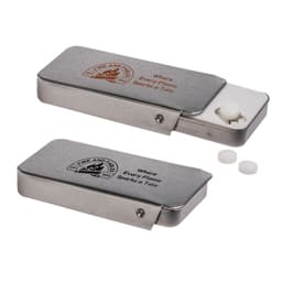 A slider tin containing sugar-free breath mints, featuring a metallic silver finish and a logo on the lid.