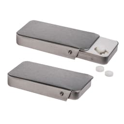 A silver slider tin containing sugar-free breath mints, with a few mints visible outside.