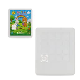 A sliding tile puzzle featuring a colourful cover with a bunny and bear, surrounded by a vibrant scene, with a white frame.