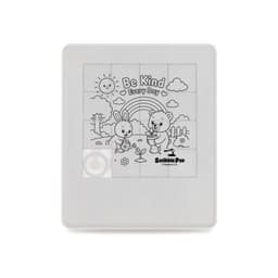A sliding tile puzzle featuring a bear and a bunny planting flowers, with a sun and rainbow in the background. White frame.