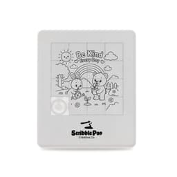 A sliding tile puzzle featuring a black and white illustration of animals in a garden with a sun and rainbow. The puzzle has a logo.