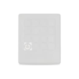A white sliding tile puzzle with a grid design and one blank tile, featuring a circular logo in the corner.