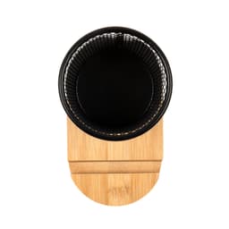 A bamboo pen tidy phone stand featuring a black mesh holder and a rounded bamboo base.