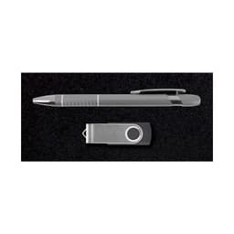 A silver pen and a silver USB drive, presented on a dark textured background, includes branding elements.