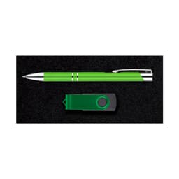 A green pen and a black USB flash drive are presented in a dark velvet box, featuring a branded logo.