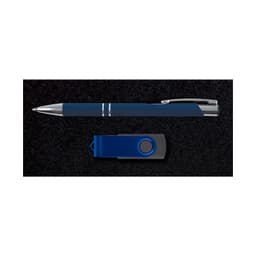A metal pen and a USB drive in navy blue, presented on a black textured background. Both items feature a branding logo.