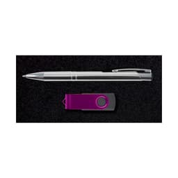 A sleek metallic pen and a purple USB flash drive in a black presentation box, part of the Bellman Gift Set.