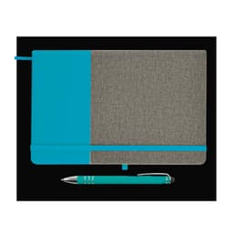 A notebook with a textured gray cover and teal accents, accompanied by a matching teal pen.