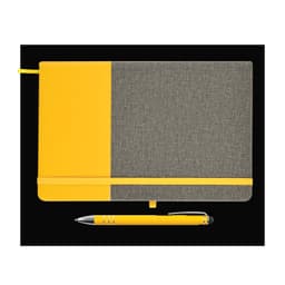 A notebook with a yellow and gray design and an elastic band, accompanied by a matching yellow pen.