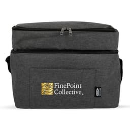 A grey insulated bag with a zippered top and a front pocket featuring a logo.