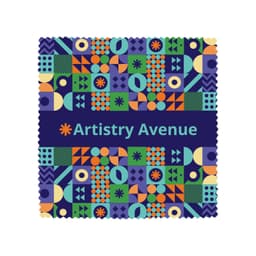 A patterned lens cloth featuring various geometric shapes in blue, green, orange, and yellow, with a branding logo.