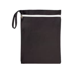 A black fabric pouch with a white zip at the top and a handle on the side. It features a simple design.