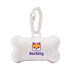 A white, bone-shaped dog waste bag holder featuring a logo and a clip for easy attachment.