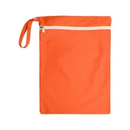 An orange zippered pouch with a strap handle, featuring a simple and smooth design.
