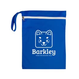 A blue pet accessory bag featuring a white logo of a cartoon dog face and a zippered closure.