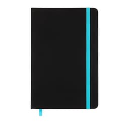 A black notebook with a turquoise elastic band and matching ribbon bookmark. It features a smooth, matte finish.