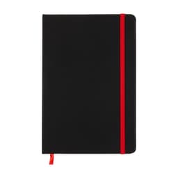 A black notebook with a red elastic band and ribbon bookmark. It features a smooth cover and rounded corners.