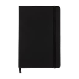 A black notebook with an elastic closure and a bookmark ribbon, featuring a smooth cover and a logo.