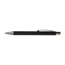 A black pen with a silver clip and tip, featuring a sleek and minimalist design.