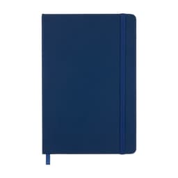 A navy blue notebook with a matching elastic band closure and a ribbon marker. It features a smooth surface and no visible branding.