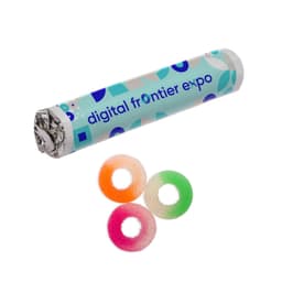 A cylinder container with a logo design and three gummy rings in orange, green, and pink.