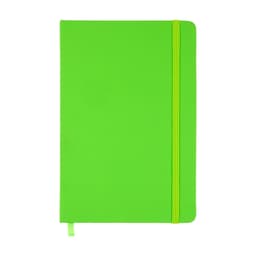 A green notebook with a ribbon closure and an elastic band, featuring a smooth cover and a bookmark.