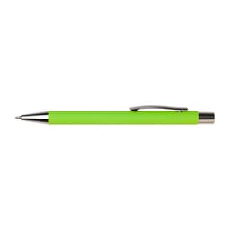 A green pen with a silver clip and a ballpoint tip, sleek and modern in design.