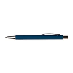A blue pen with a silver clip and tip, featuring a smooth finish. It includes a branding logo.