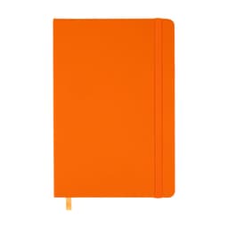 An orange notebook with a flexible cover and an elastic band closure. It features a gold ribbon bookmark.