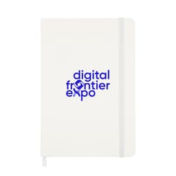 A white notebook featuring a blue logo, with a elastic band closure and a ribbon bookmark.