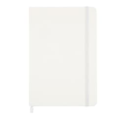 A white notebook with a grey elastic band and a ribbon bookmark. It has a smooth cover and no visible branding.