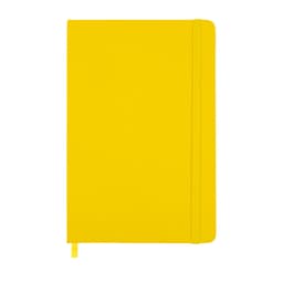 A yellow notebook with a smooth cover and an elastic closure. It features a ribbon bookmark.