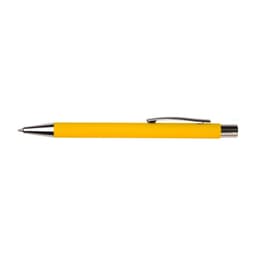 A yellow pen with a silver clip and a sleek design, featuring a branding logo.