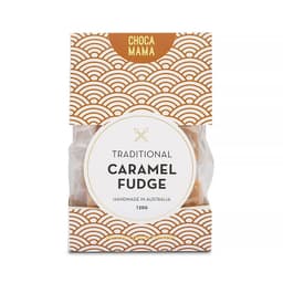A packet of traditional caramel fudge featuring a decorative orange and white design, labelled as handmade in Australia.
