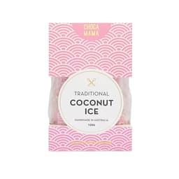 A pink and white packaged treat named "Traditional Coconut Ice," handmade in Australia, featuring a decorative design and a logo.