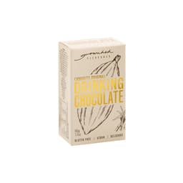 A box of drinking chocolate with a light beige background, featuring illustrations of cocoa pods. It has a logo.