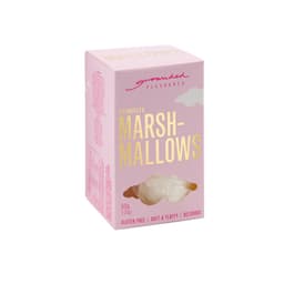 A pink box containing exquisite marshmallows, featuring fluffy white treats inside. The box has a logo and gluten-free label.