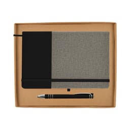 A gift set featuring a grey and black notebook and a black pen, packaged in a simple cardboard box.