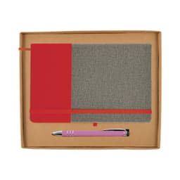 A grey notebook with a red cover and a pink pen, packaged in a brown gift box.